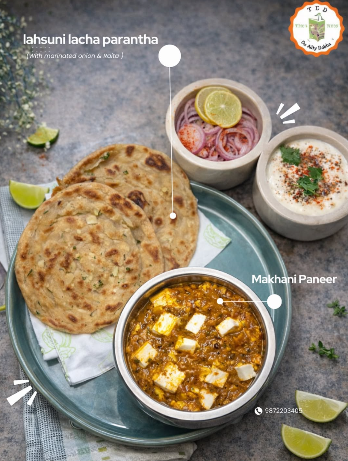 Vegetarian lachha parantha with makhani paneer and raita