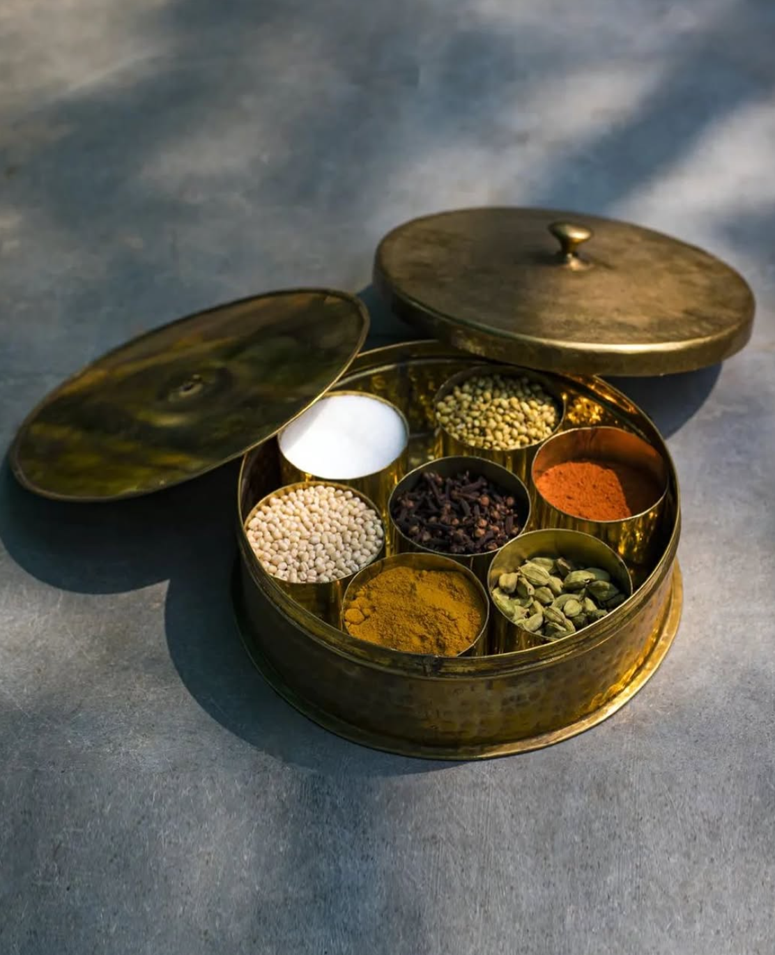 Indian spice box used for homemade vegetarian meals